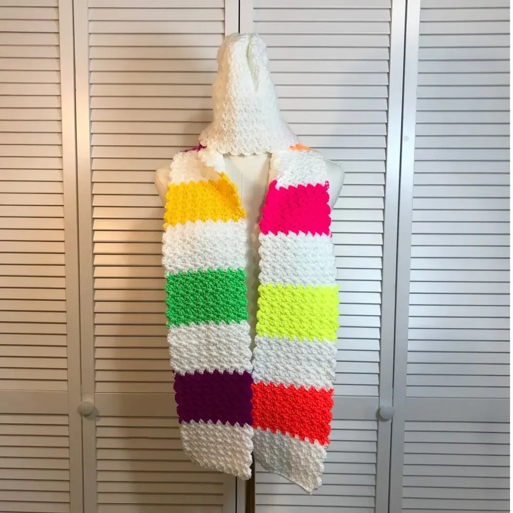 NWT Crochet Boho Cottage Winter White Neon Striped Scarf 60” & White Beanie Set